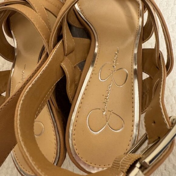Jessica Simpson Tan Strappy Wedge Sandals Cork Platform Party - Picture 5 of 6
